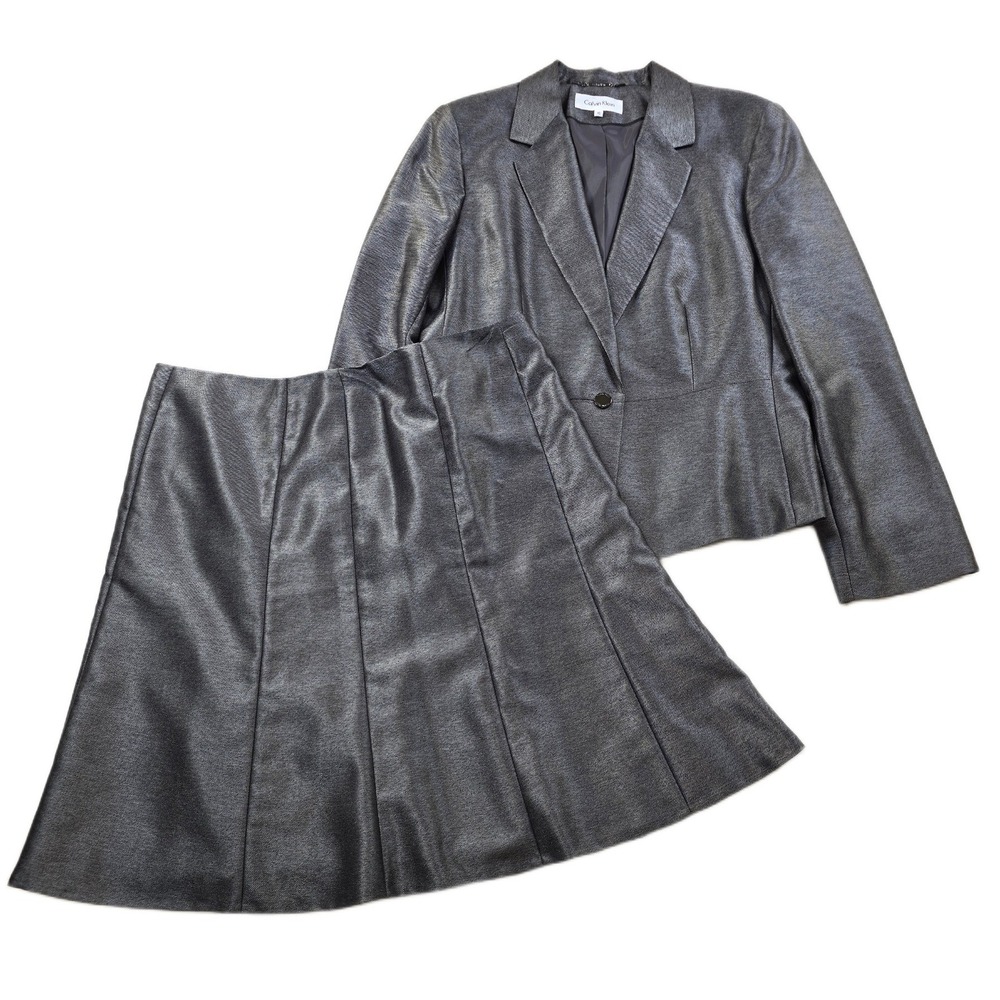 Calvin Klein Skirt Suit Womens 16 Plus Gray Metallic 2 Piece Set Work Business